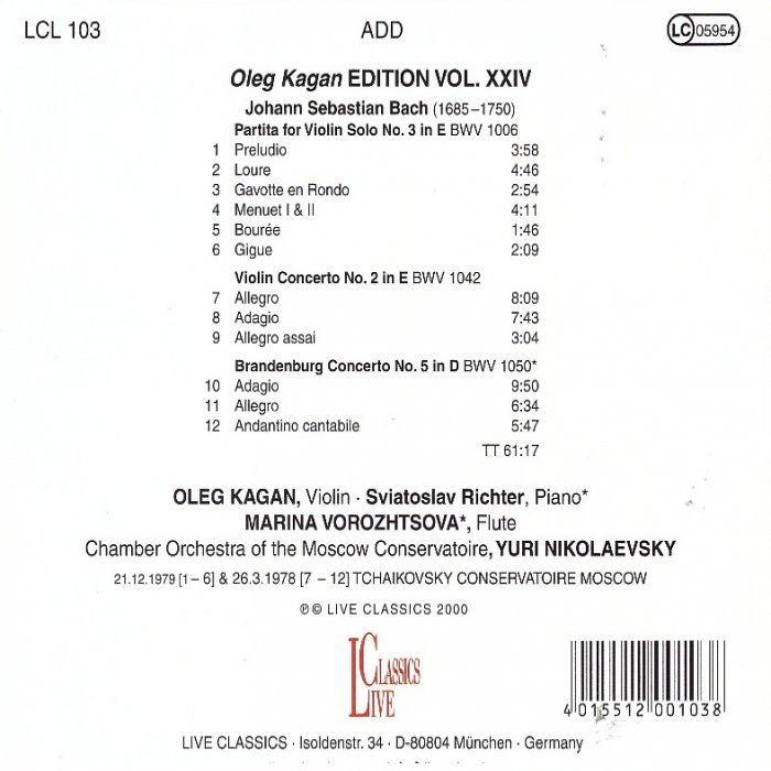 Vol.XXV: Bach, Partita for Violin Solo No.3 BMV 1006, Violin Concerto No.2 BWV 1042, Brandenburg Concerto No.5 BMV 1050* - Image 2