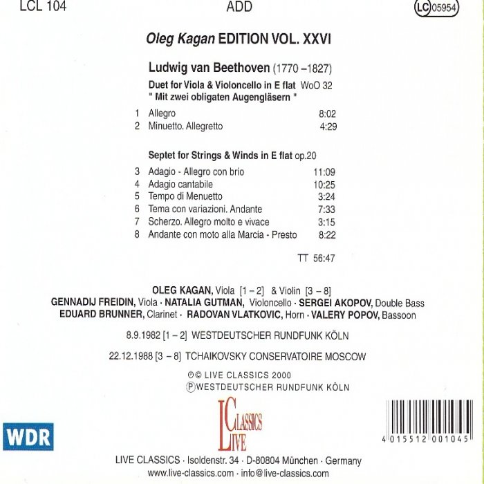Vol.XXVI: Beethoven, Duet for Viola & Cello WoO32, Septet op.20* - Image 2