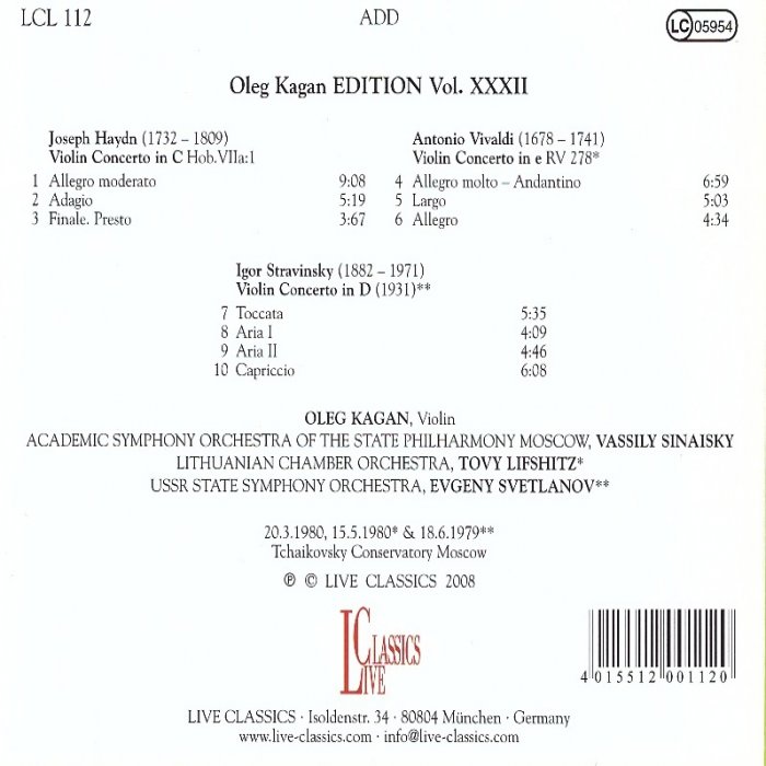 Vol.XXXII:Violin oncertos. Haydn, Concerto in C, Hob.Vlla:1, Vivaldi, Concerto in e, RV 278*, Stravinsky, Concerto in D (1931)** - Image 2