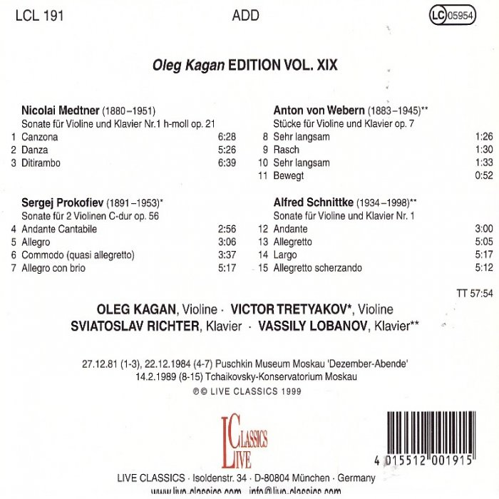 Vol.XIX: Medtner, Violin Sonata op.21, Prokofiev, Sonata for Two Violins op.56*, Webern, Pieces for Violin & Piano op.7**, Schnittke, Violin Sonata No.1** - Image 2