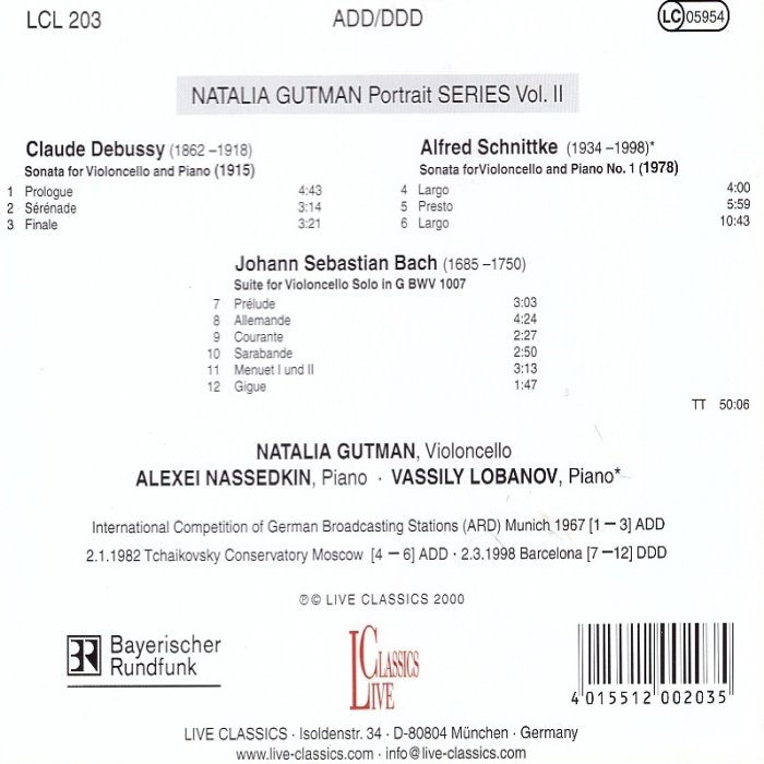 Vol.II: Cello Sonatas. Debussy (1915), Schnittke (1978)*, Bach, Cello Suite No.1 BWV 1007** - Image 2