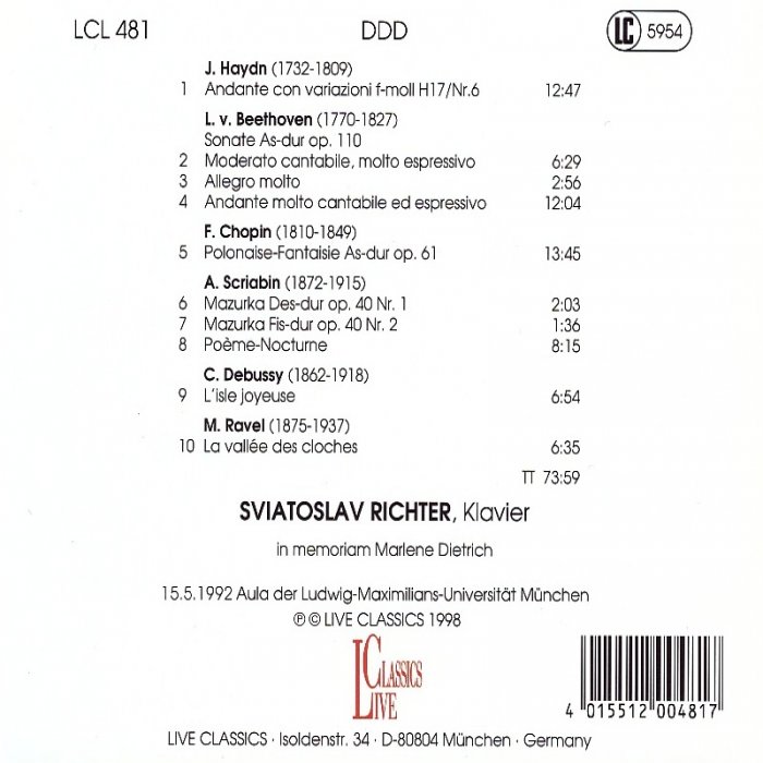 OUT OF LATER YEARS III (in memoriam Marlene Deitrich) Hadyn, Andante con variazioni Hob.XVII/6, Beethoven, Sonata op.110, Chopin, Polonaise Fantaisie op.61, Scriabin, Mazurkas op.40/1&2, Debussy, L'isle joyeuse, Ravel, La vallée des cloches - Image 2
