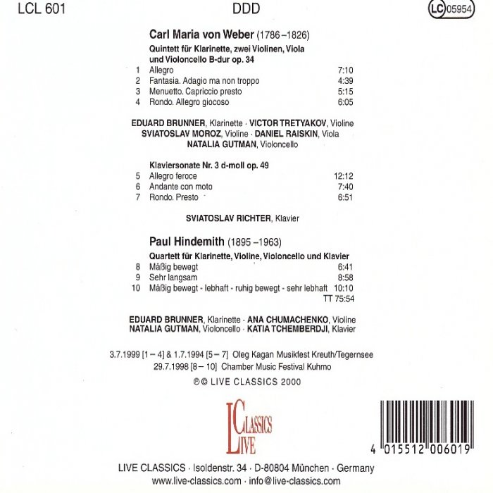 Weber, Clarinet Quintet op.34, Piano Sonata op.49*, Hindemith, Clarinet Quartet** - Image 2