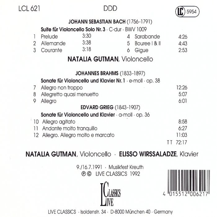 Bach, Cello Suite No.3 BWV1009, Brahms, Cello Sonata No.1 op.38, Grieg, Cello Sonata op.36 - Image 2